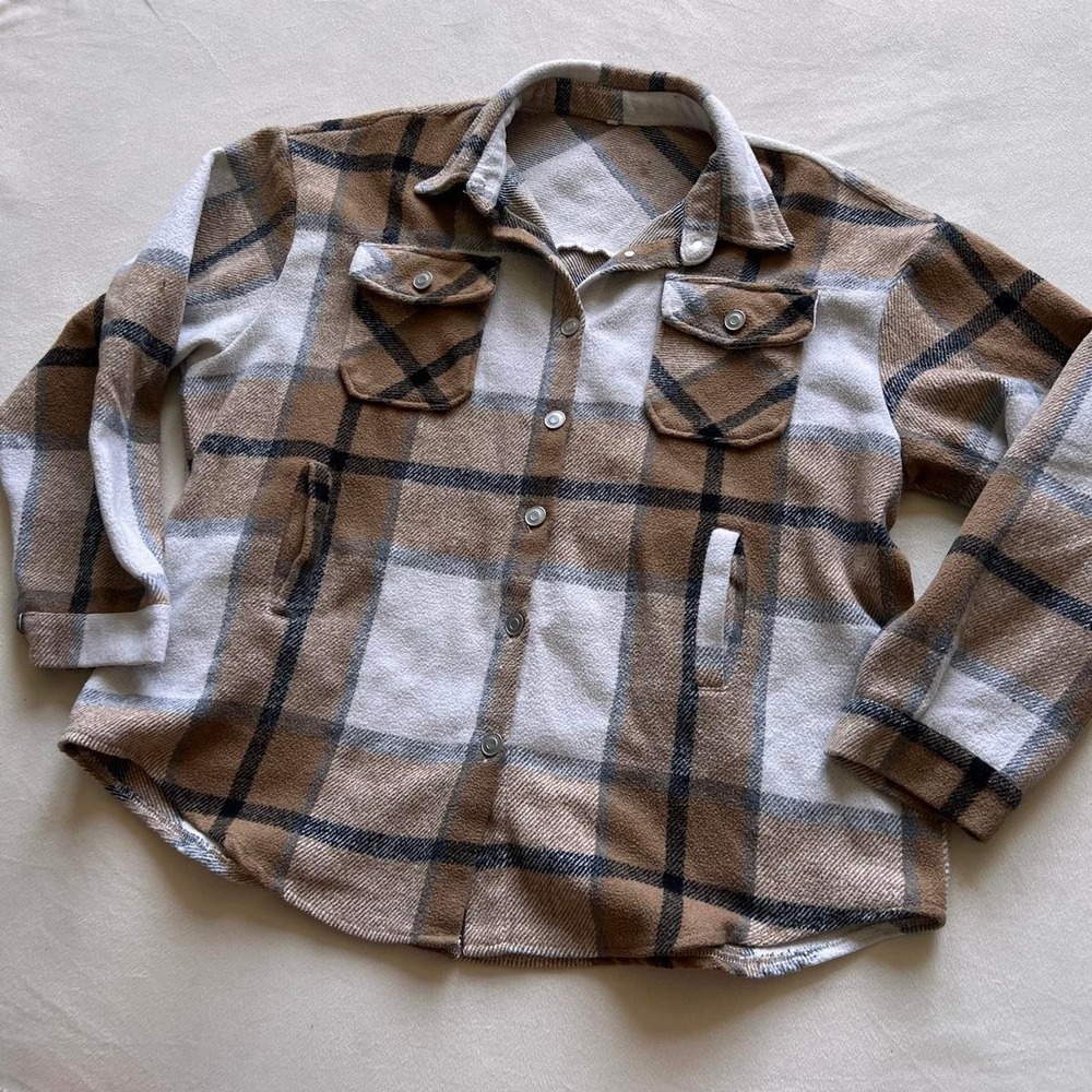 Plaid Pumpkin season fall autumn jacket shirt tan white flannel comfy cozy